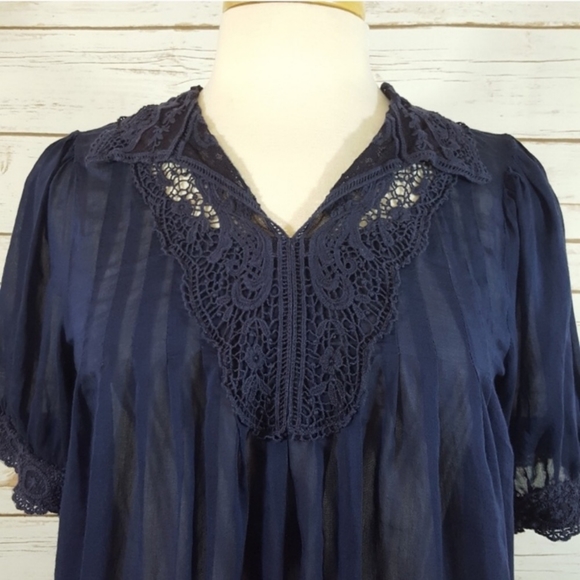 Marc Jacobs | Sheer Navy Silk Lace Pleated Blouse - Picture 2 of 7
